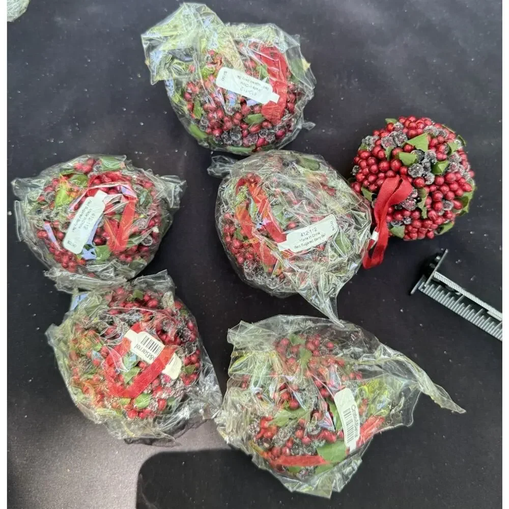 6 CRATE & BARREL Christmas Ornament Red Sugared Berry Ball New Tag 412-112 -46D